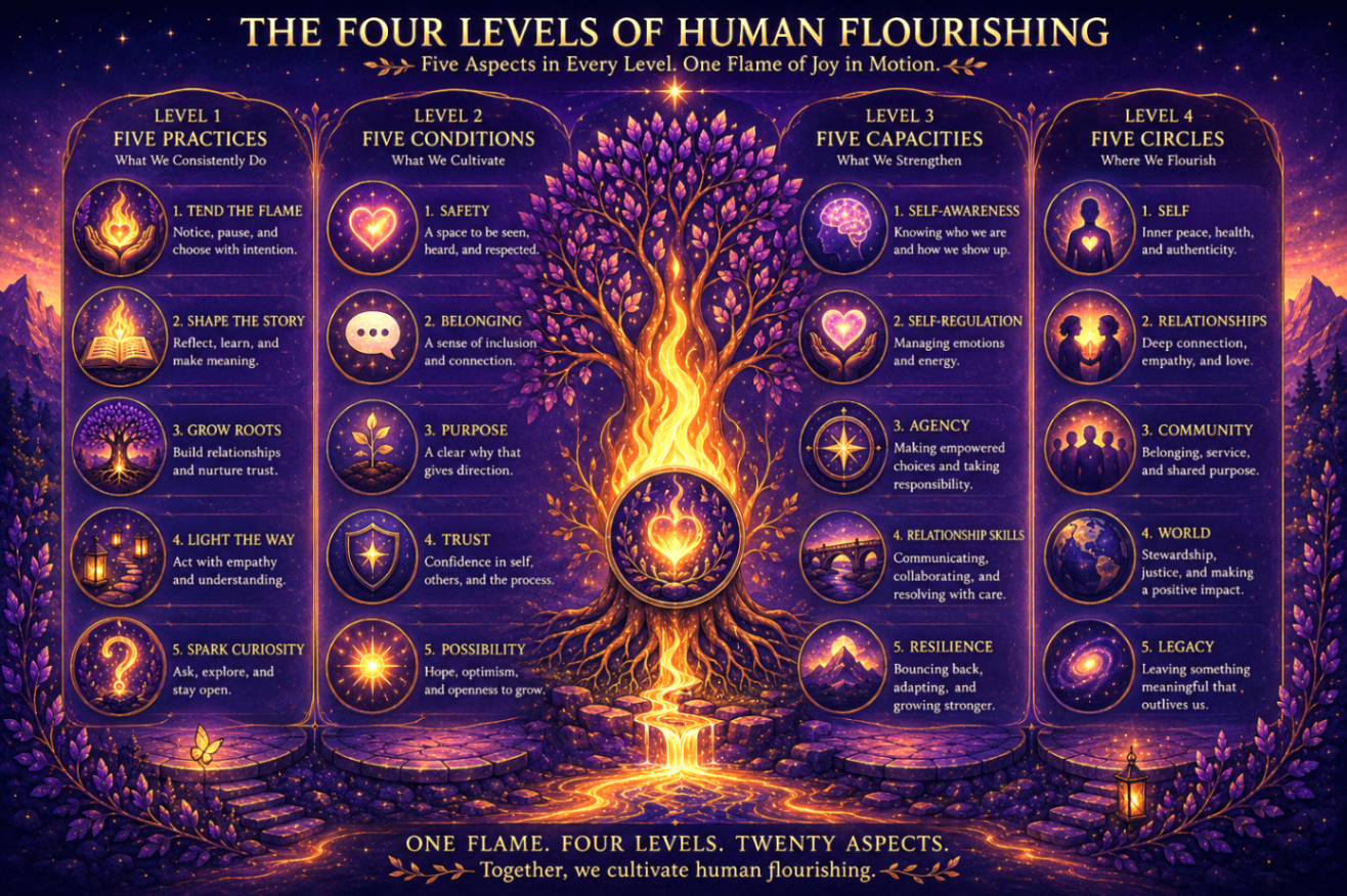 Four Levels of Human Flourishing — twenty aspects of the FlameKeeper framework